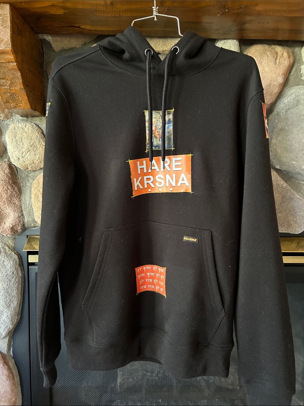 Moses Creations Men's Black Hoodie with Hare Krsna Patches, Size S, NEW
